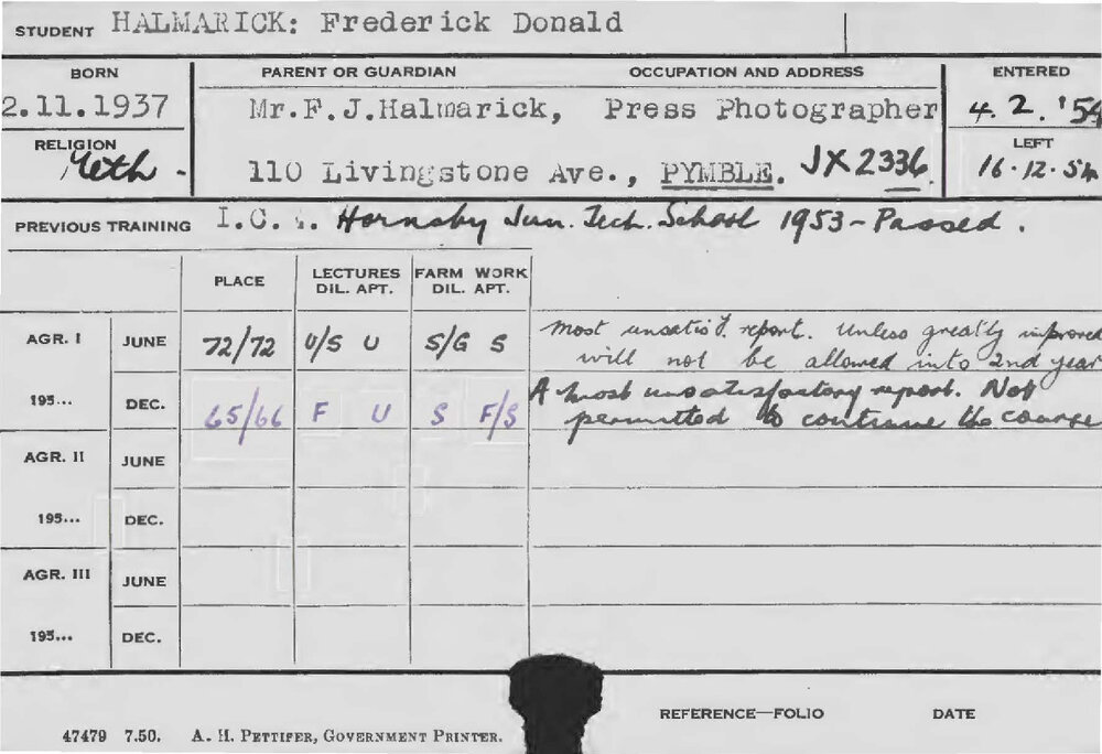 HALMARICK, Frederick Donald (Course Not Identified)