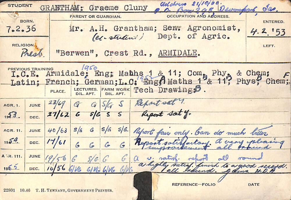 GRANTHAM, Graeme Cluny (Hawkesbury Diploma of Agriculture (HDA))
