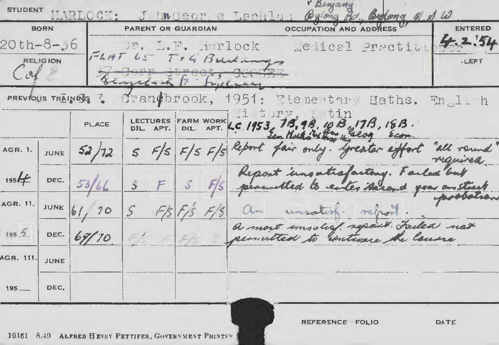 HARLOCK, John George Lachlan (Course Not Identified)