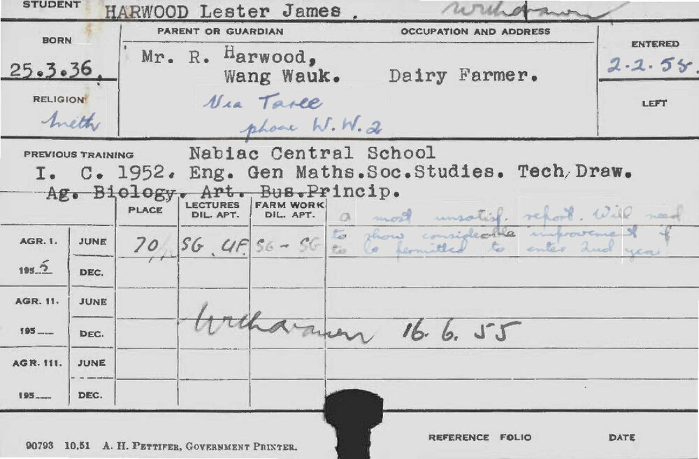 HARWOOD, Lester James (Course Not Identified)