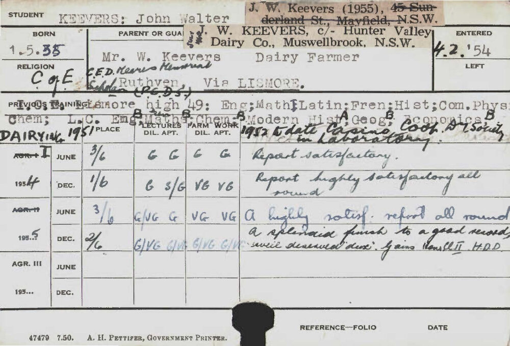 KEEVERS, John Walter (Hawkesbury Diploma in Dairy (HDD))