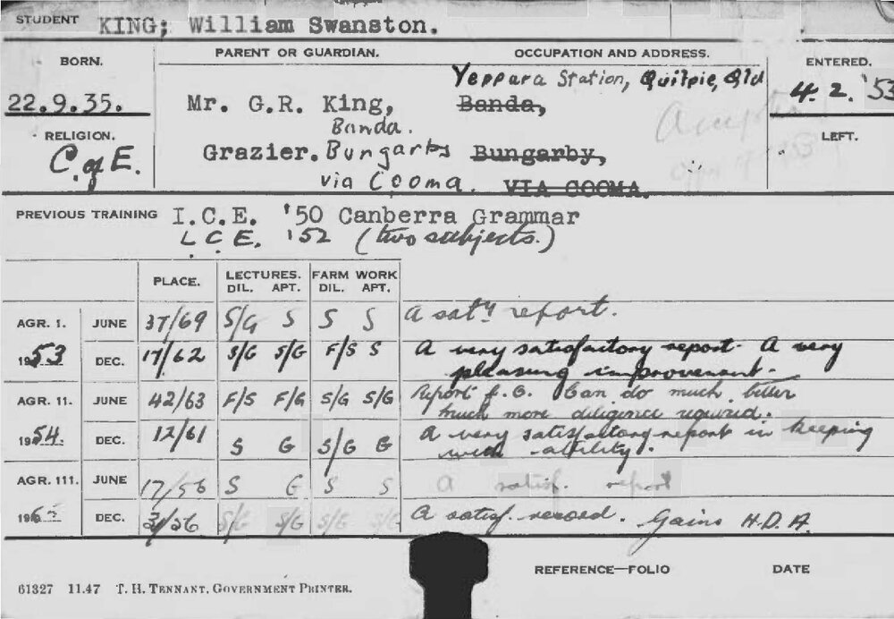 KING, William Swanston (Hawkesbury Diploma of Agriculture (HDA))