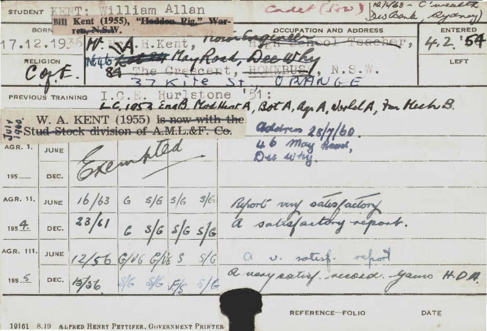 KENT, William Allan (Hawkesbury Diploma of Agriculture (HDA))