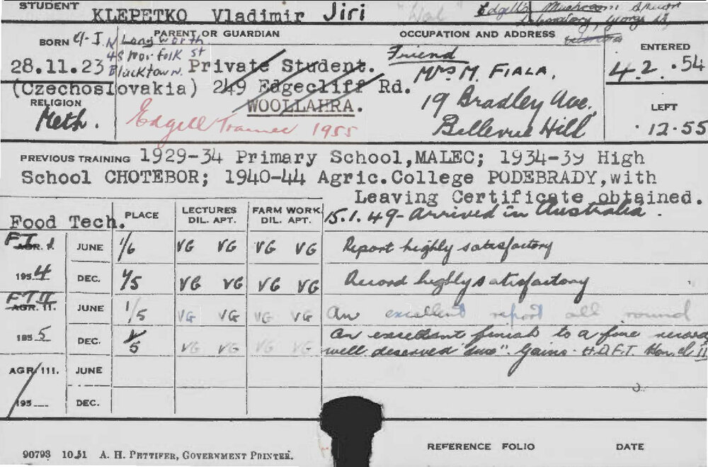 KLEPETKO, Vladimir Jiri (Hawkesbury Diploma in Food Technology (HDFT))