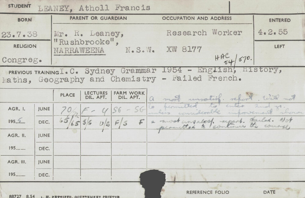 LEANEY, Atholl Francis (Hawkesbury Diploma of Agriculture (HDA))