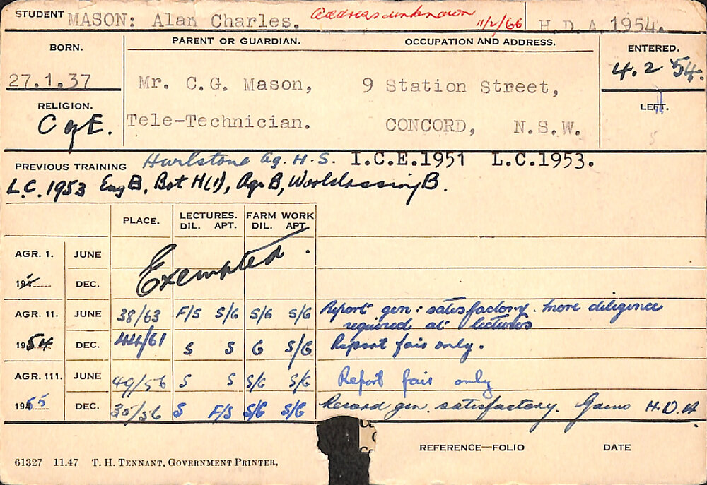 MASON, Alan Charles (Hawkesbury Diploma of Agriculture (HDA))