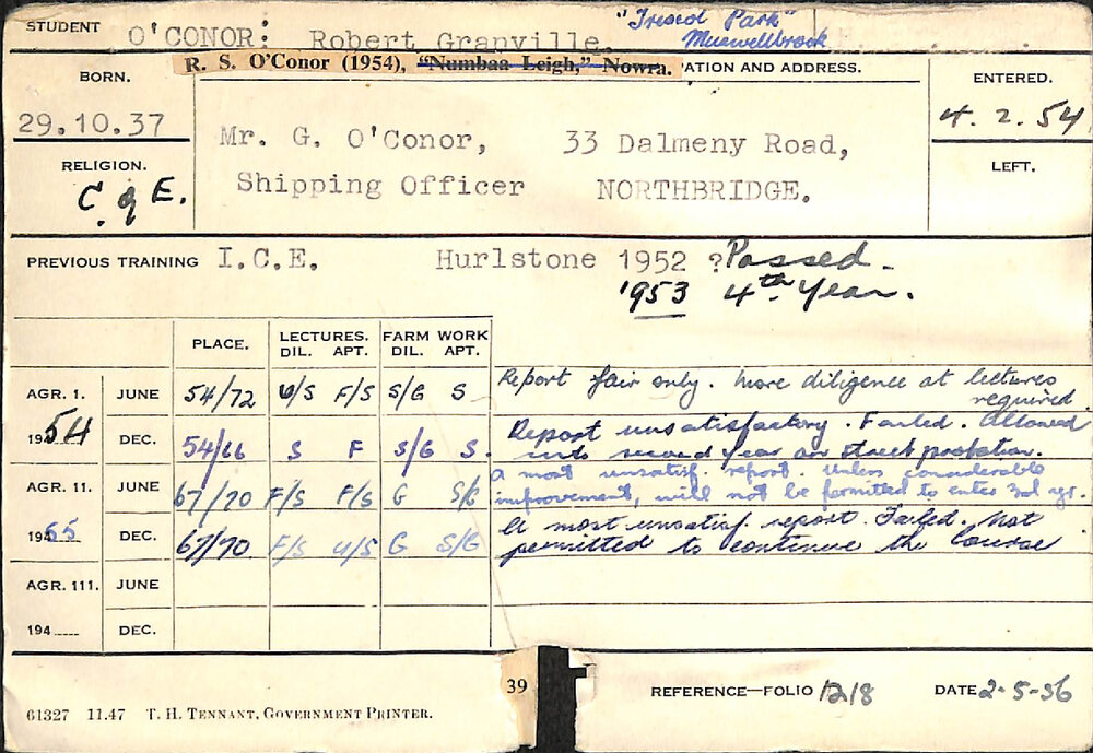 O'CONOR, Robert Granville (Hawkesbury Diploma of Agriculture (HDA))
