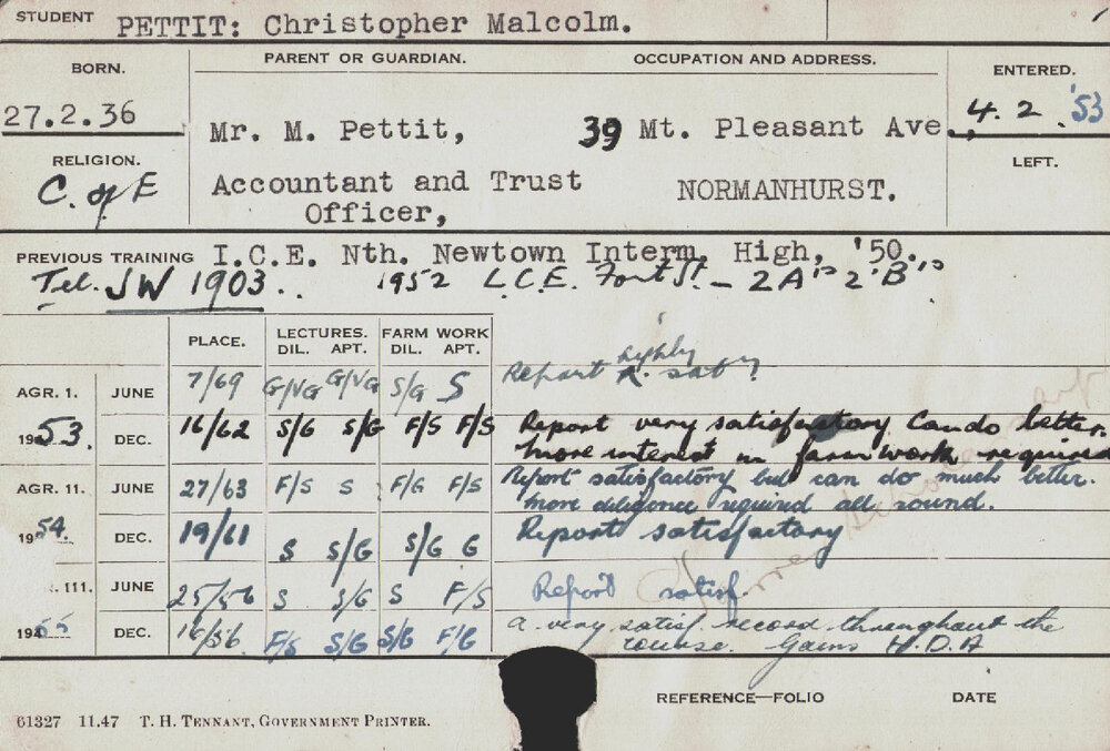 PETTIT, Christopher Malcolm (Hawkesbury Diploma of Agriculture (HDA))