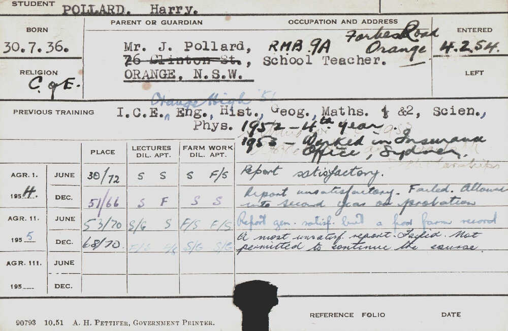 POLLARD, Harry (Hawkesbury Diploma of Agriculture (HDA))