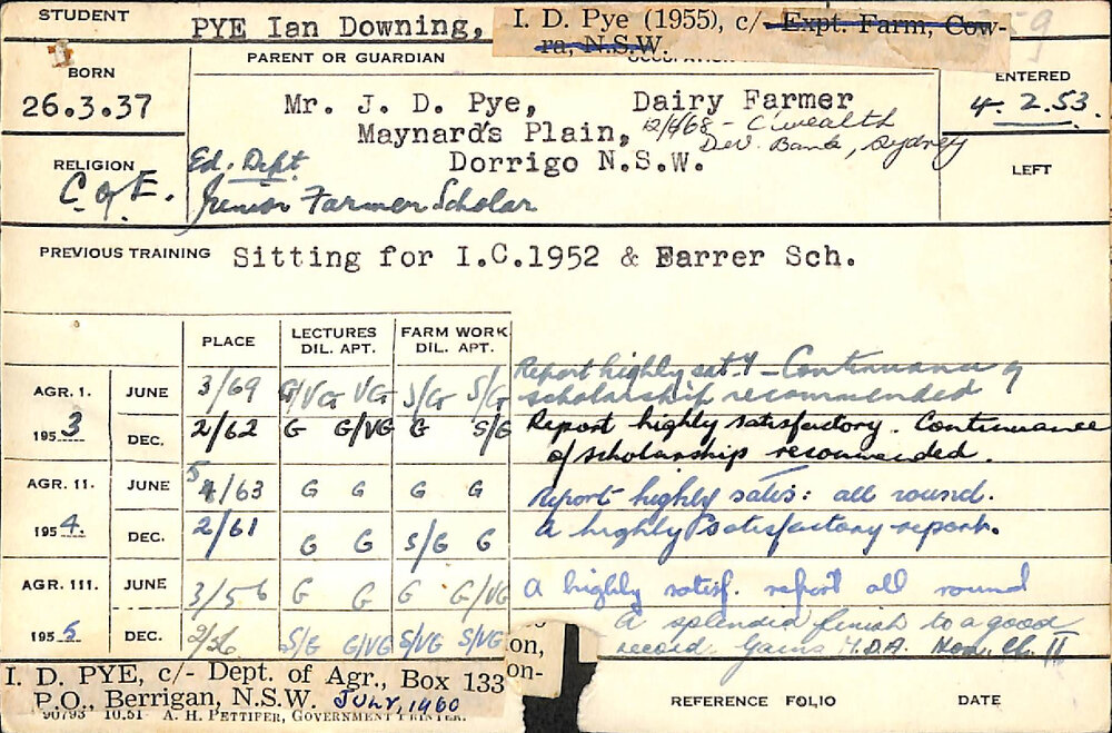 PYE, Ian Downing (Hawkesbury Diploma of Agriculture (HDA))