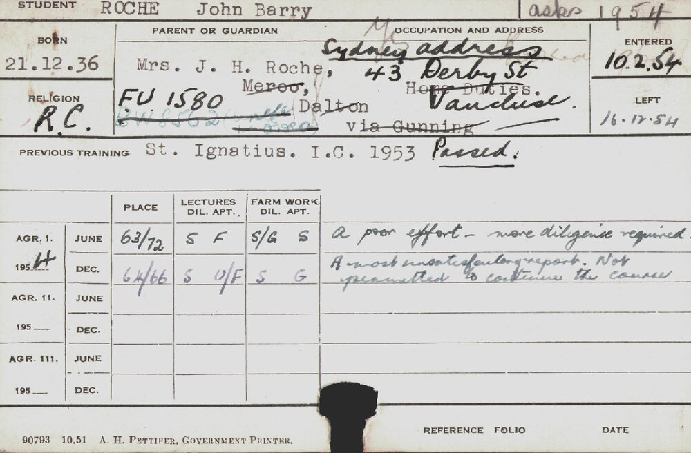 ROCHE, John Barry (Hawkesbury Diploma of Agriculture (HDA))