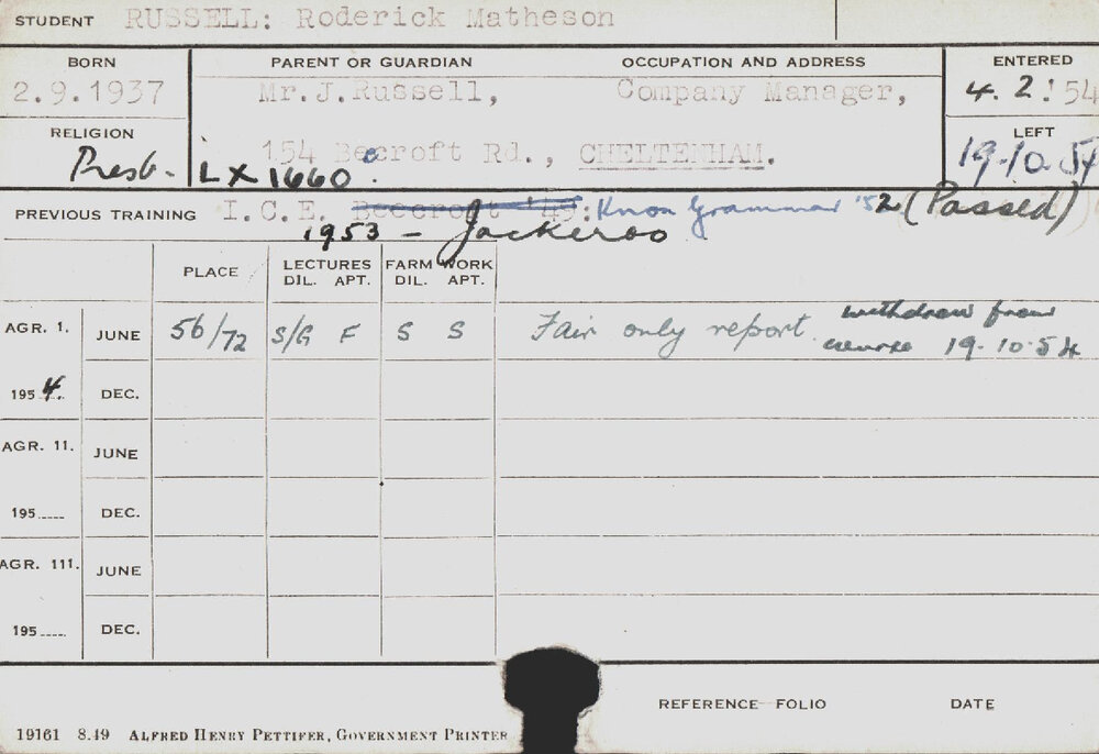 RUSSELL, Roderick Matheson (Hawkesbury Diploma of Agriculture (HDA))