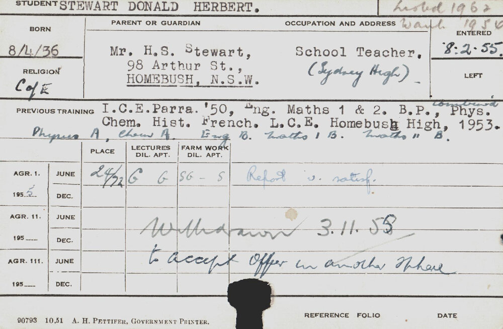 STEWART, Donald Herbert (Hawkesbury Diploma of Agriculture (HDA))