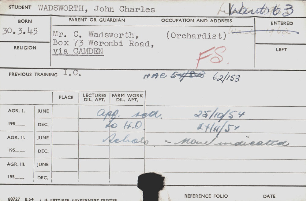 WADSWORTH, John Charles (Course Not Identified)