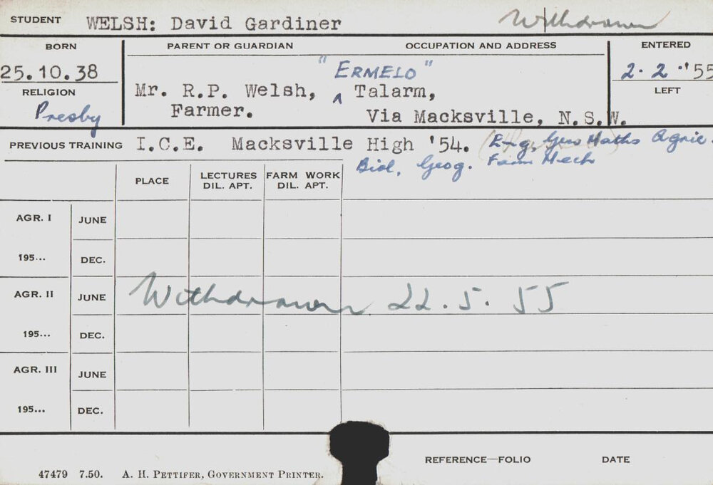 WELSH, David Gardiner (Course Not Identified)