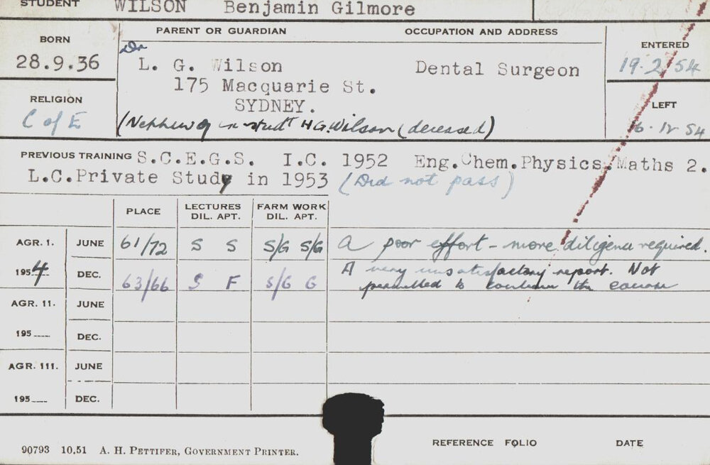 WILSON, Benjamin Gilmore (Hawkesbury Diploma of Agriculture (HDA))