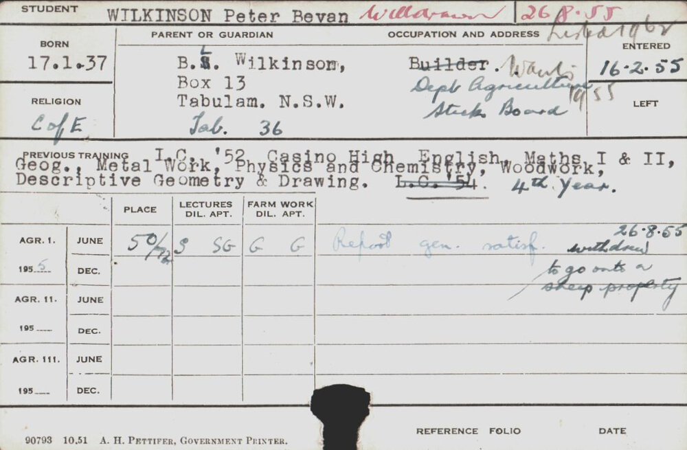 WILKINSON, Peter Bevan (Hawkesbury Diploma of Agriculture (HDA))