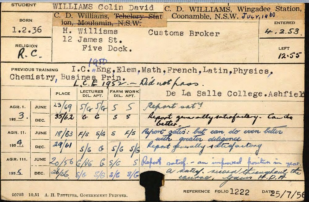 WILLIAMS, Colin David (Hawkesbury Diploma of Agriculture (HDA))