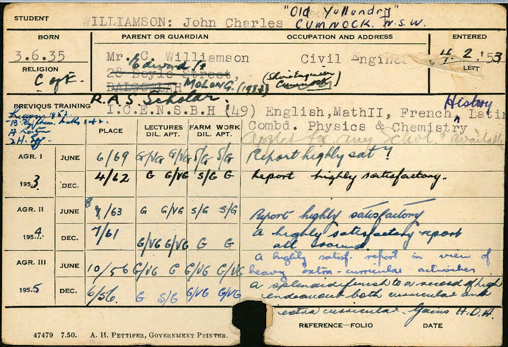 WILLIAMSON, John Charles (Hawkesbury Diploma of Agriculture (HDA))