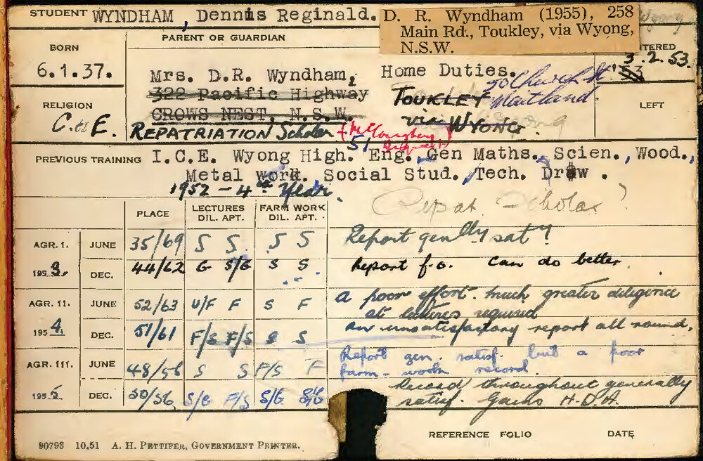WYNDHAM, Dennis Reginald (Hawkesbury Diploma of Agriculture (HDA))