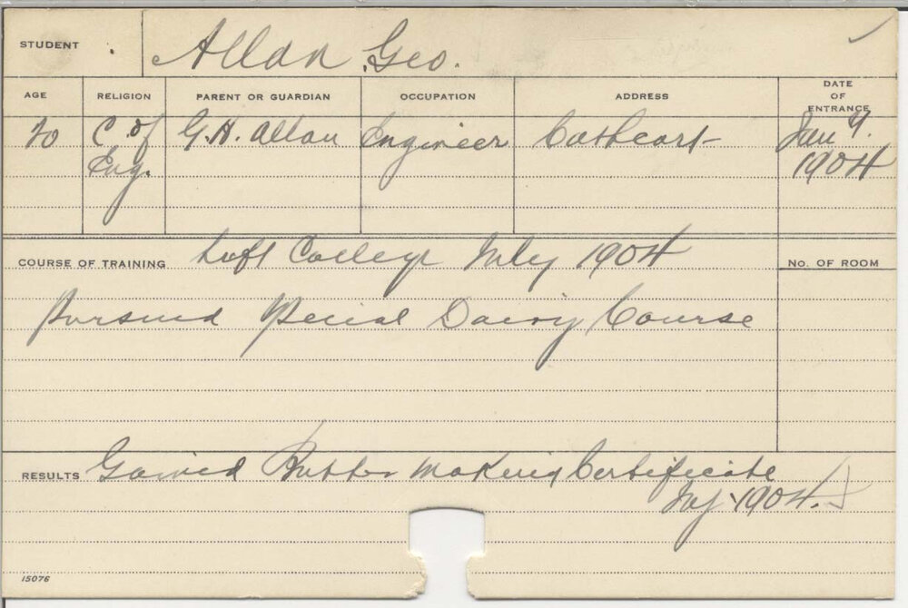 ALLAN, George (Certificate - Butter Making)