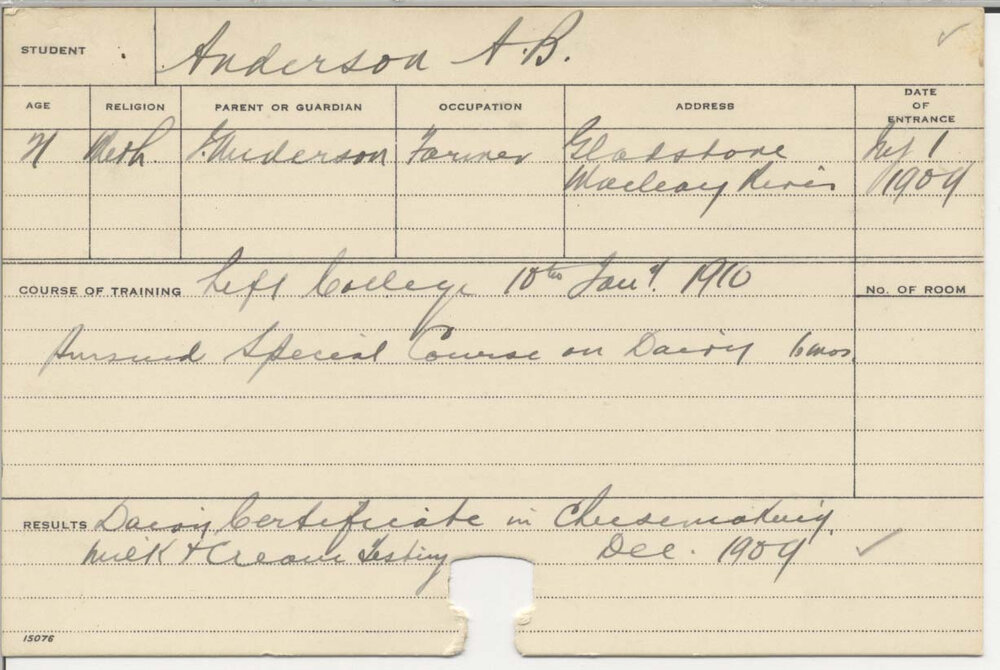 ANDERSON, A B (Dairy Certificate in Cheesemaking Milk &amp; Cream Testing)