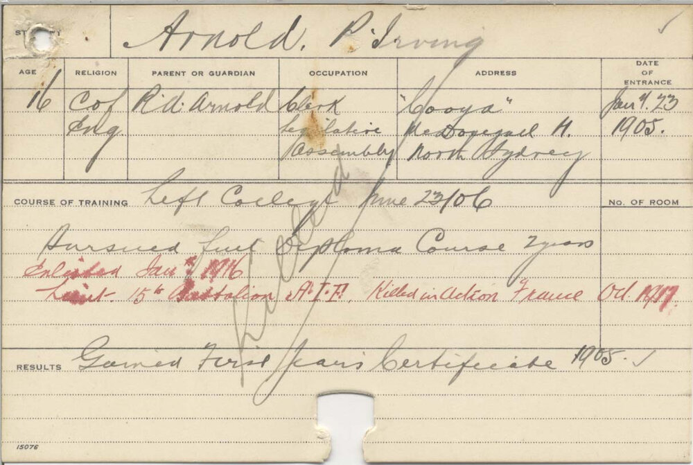 ARNOLD, Ralph Irving (First Year Certificate - Agriculture)
