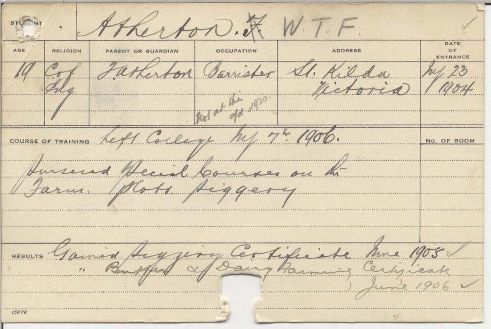 ATHERTON, W T F (Finley) (Certificate - Piggery, Buttery, &amp; Dairy Farming)