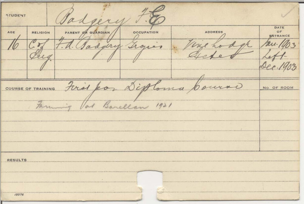 BADGERY, Frank E (Hawkesbury Diploma of Agriculture (HDA) (First Year Only))