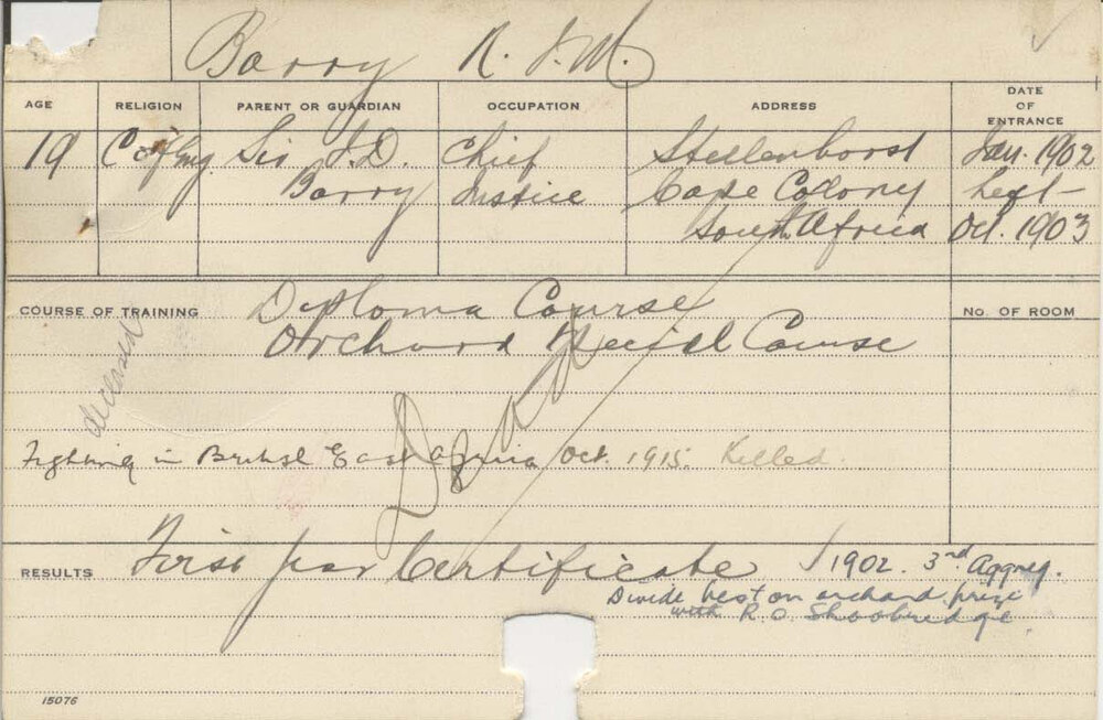 BARRY, Nathaniel James Merriman (Hawkesbury Diploma of Agriculture (HDA) (First Year Certificate) &amp; Special Course - Orchard)