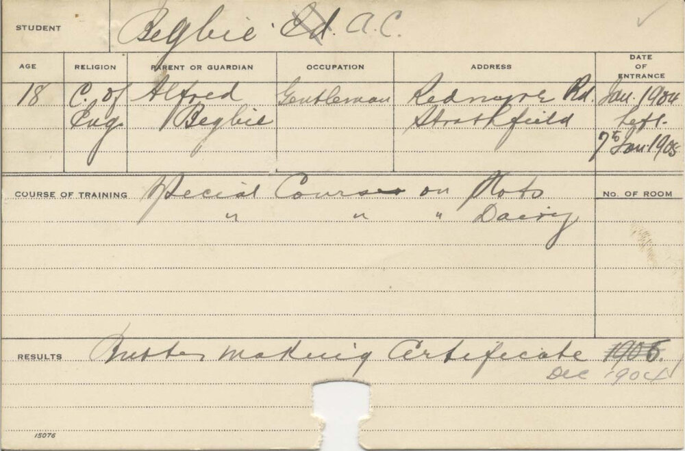 BEGBIE, A C (Certificate - Butter Making, Special Courses - Plots &amp; Dairy)