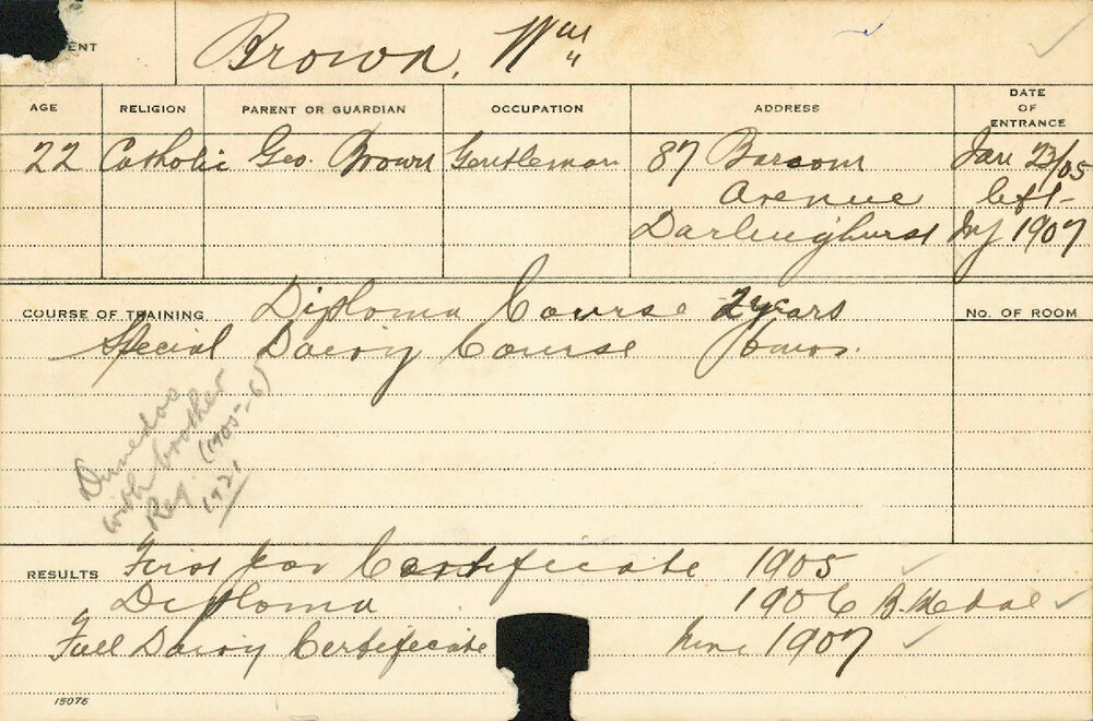 BROWN, William (Special Course - Dairy &amp; Certificate - Dairy &amp; Hawkesbury Diploma of Agriculture (HDA))