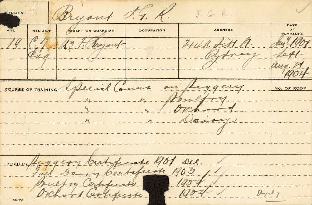 BRYANT, JGR (Certificate - Dairy, Piggery, Poultry, Orchard &amp; Hawkesbury Diploma of Agriculture (HDA))