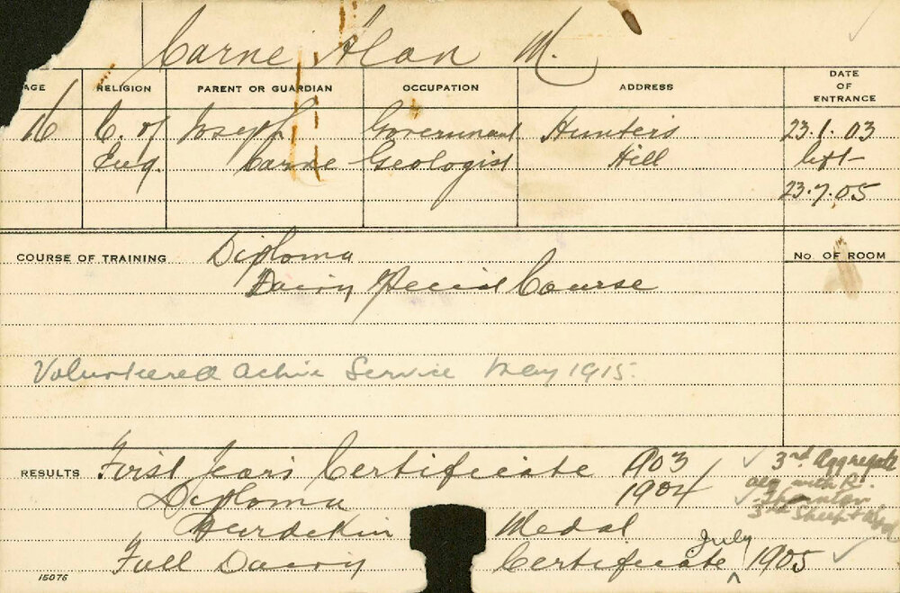 CARNE, Alan M (Hawkesbury Diploma of Agriculture (HDA) (Burdekin Medal) &amp; Certificate - Dairy)