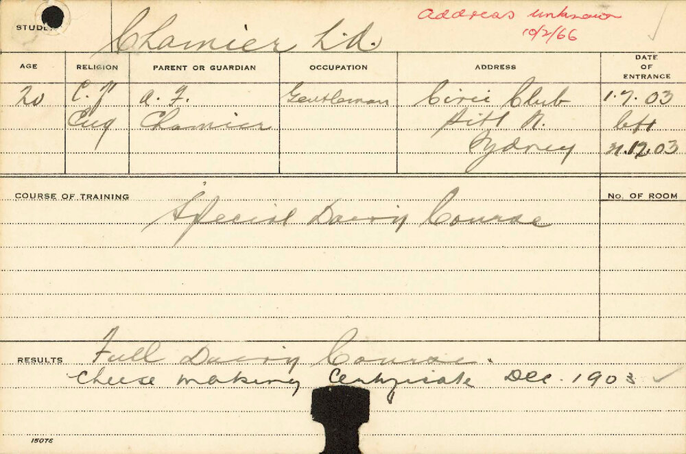 CHAMIER, LA (Special Course - Dairy &amp; Certificate - Cheesemaking)