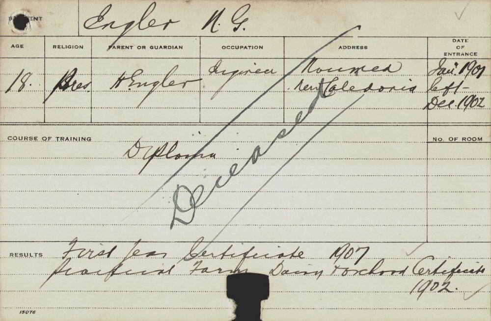 ENGLER, Numa G (Hawkesbury Diploma of Agriculture (HDA) - First Year Certificate &amp; Practical Certificate - Farms, Dairy &amp; Orchard)