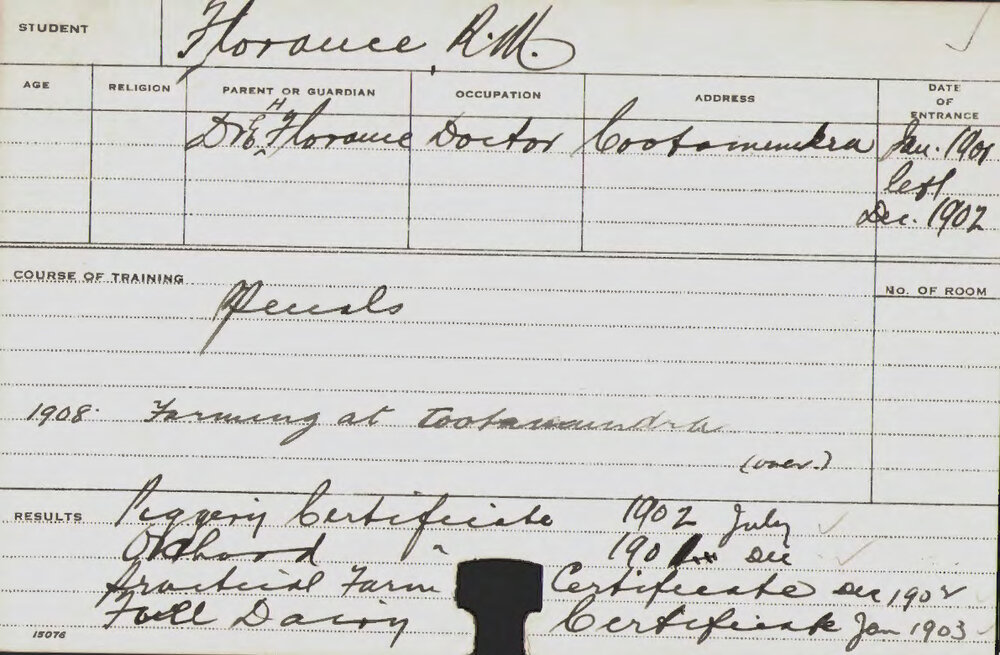 FLORANCE, RM (Special Courses - Piggery, Orchard, Practical Farm &amp; Dairy)