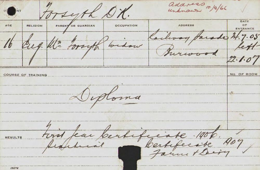 FORSYTH, DK (Hawkesbury Diploma of Agriculture (HDA)(First Year Certificate) &amp; Certificate - Practical, Farm &amp; Dairy)