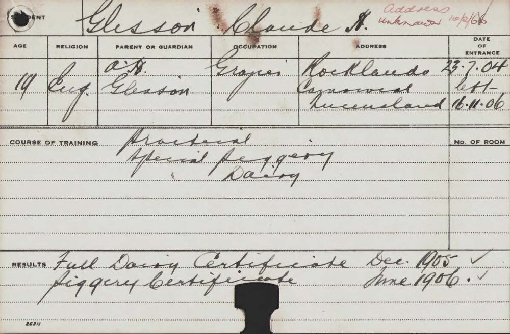 GLISSAN, Claude H (Practical, Special Course - Piggery &amp; Dairy)