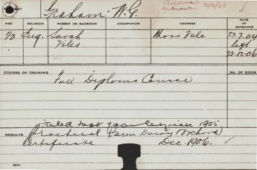 GRAHAM, WG (Full Diploma Course, Practical Farm, Dairy &amp; Orchard Certificate)