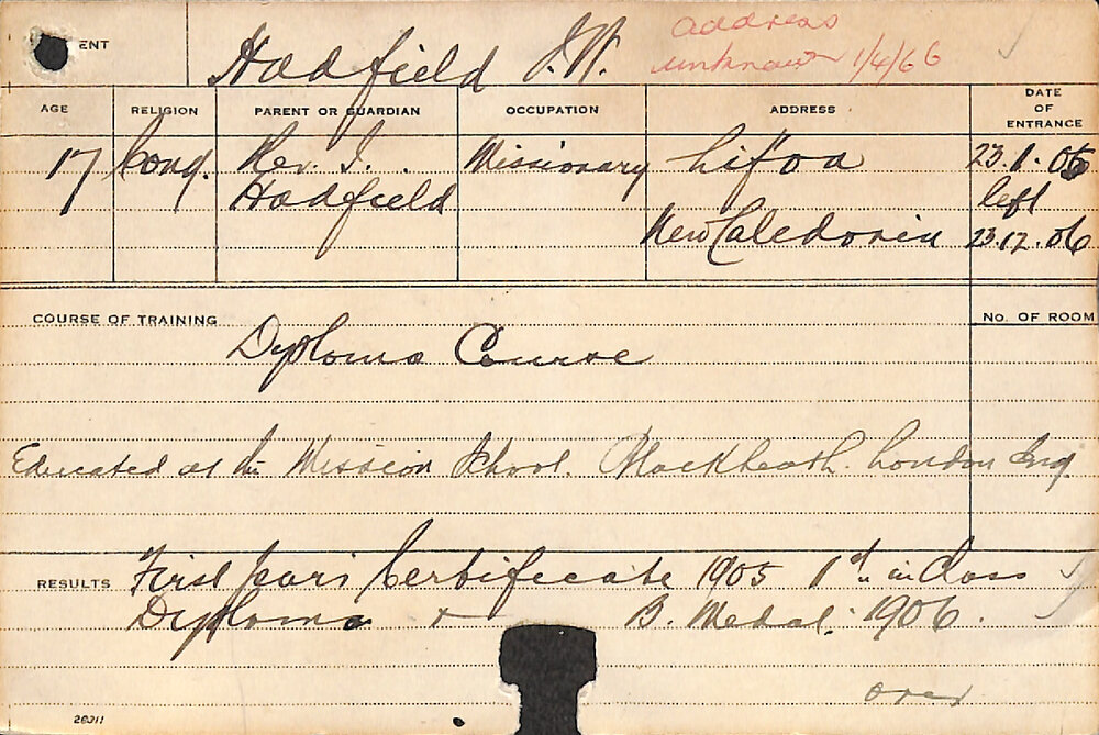 HADFIELD, JW (Diploma Course)