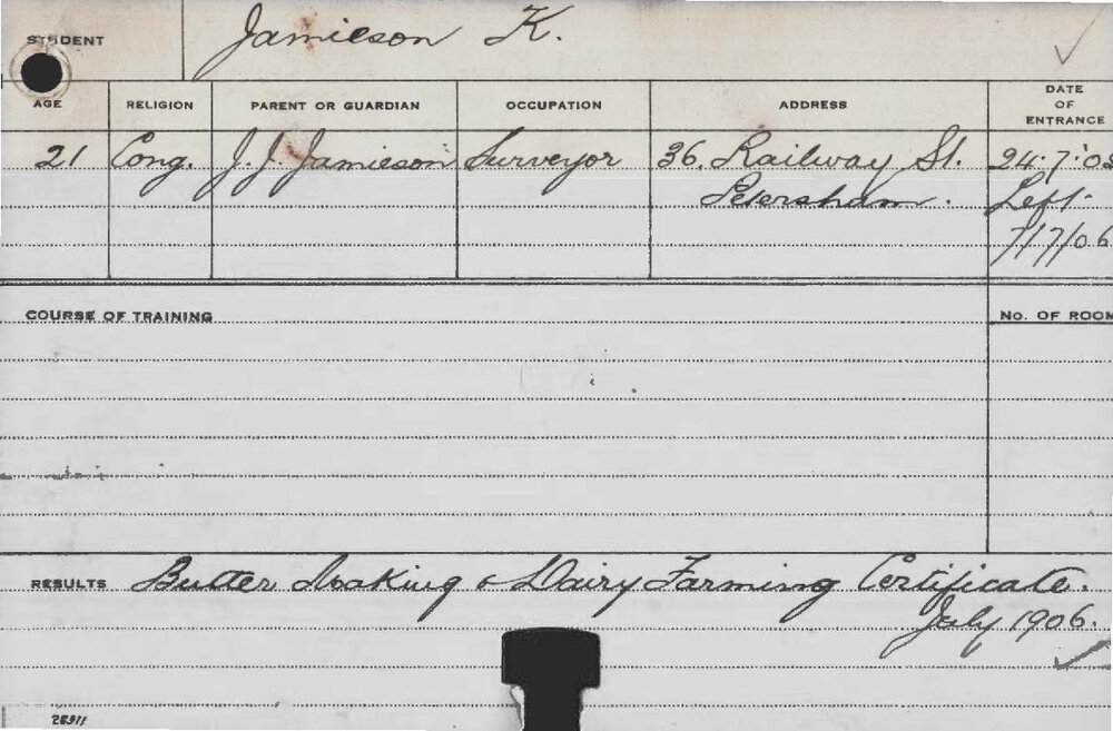 JAMIESON, Keith (Certificate - Butter Making &amp; Dairy Farming)