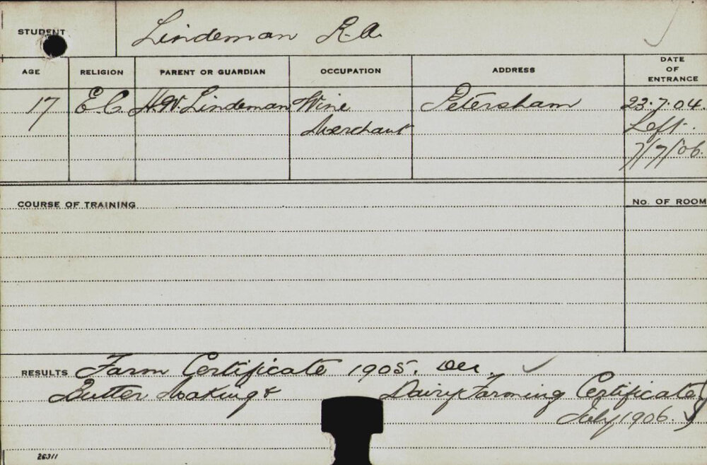 LINDEMAN, RA (Certificate - Farm/ Butter Making &amp; Dairy Farming Certificate)