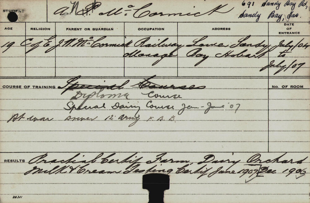 MCCORMICK, Arthur N (Diploma Course/ Special Dairy Course)