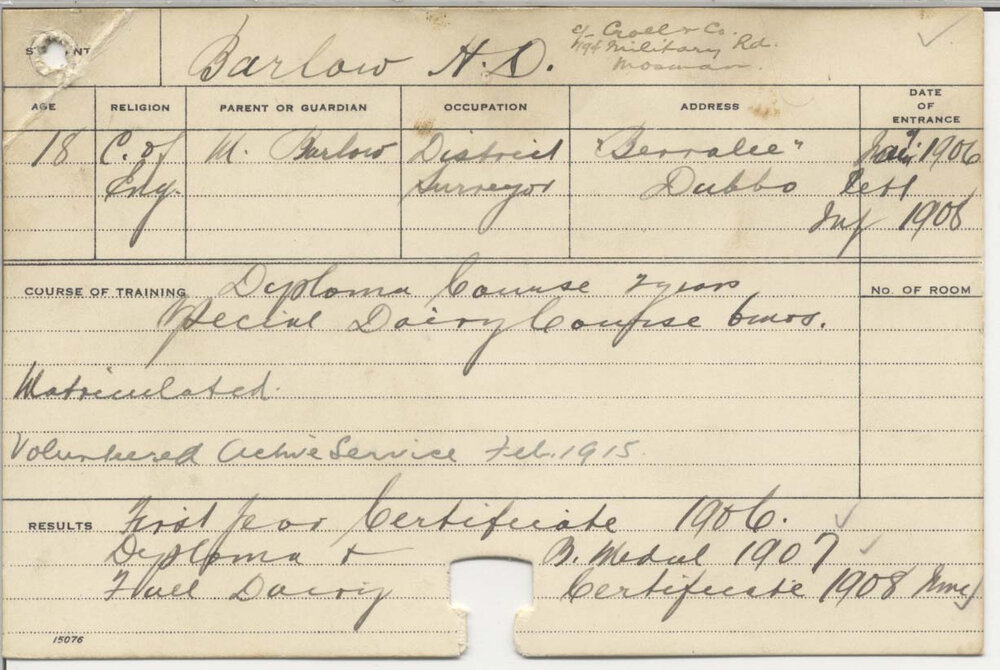 BARLOW, H D (Hawkesbury Diploma of Agriculture (HDA) &amp; Certificate - Dairy)