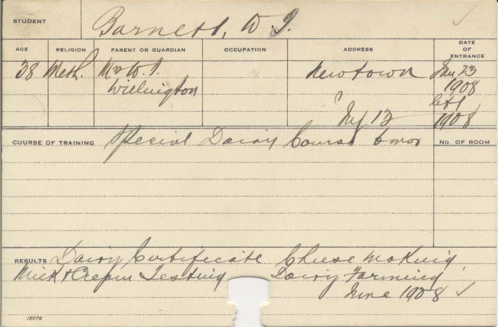 BARNETT, W J (Cheese making, Milk &amp; Cream testing, Dairy Farming &amp; Certificate - Dairy)