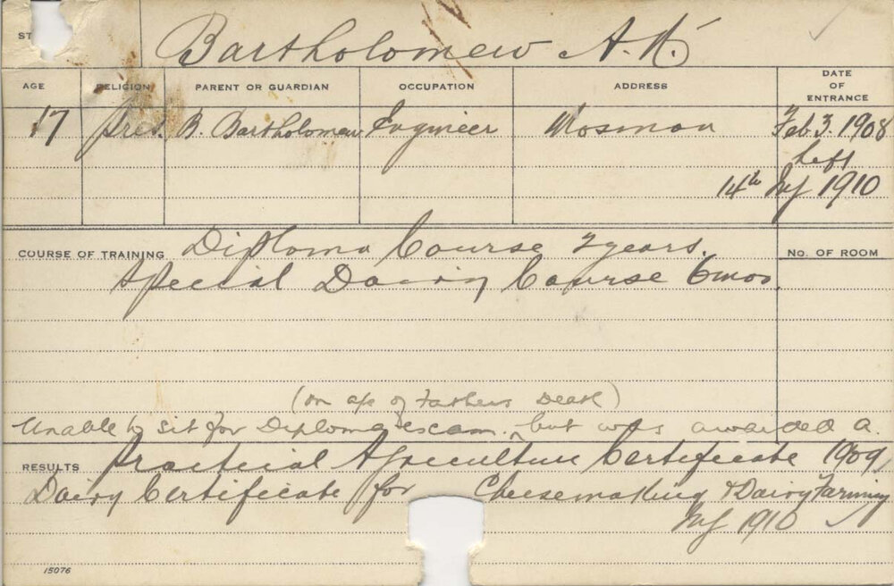 BARTHOLOMEW, A N (Practical Agricultural Certificate, Dairy Certificate in Cheesemaking &amp; Dairy Farming)