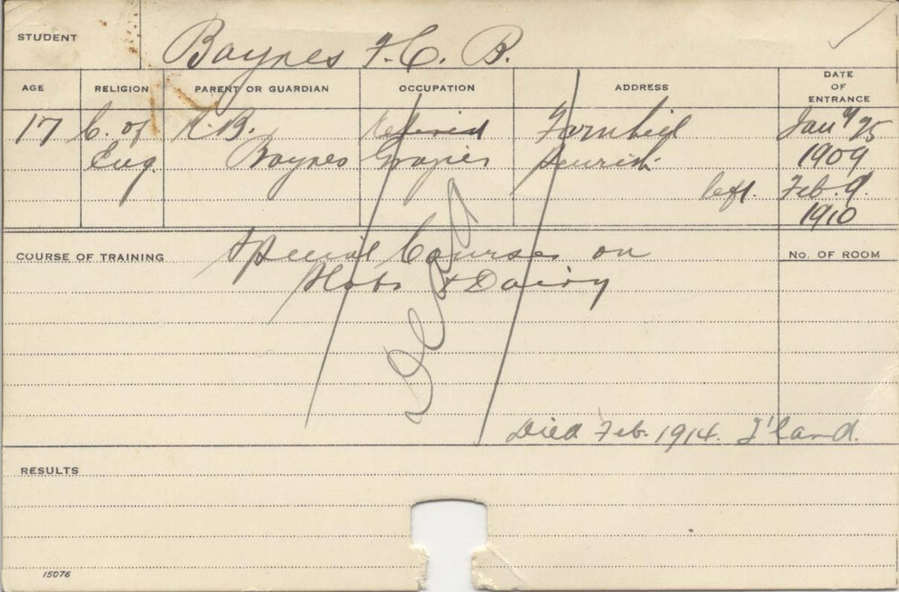 BAYNES, F C B (Special course - Plots &amp; Dairy)