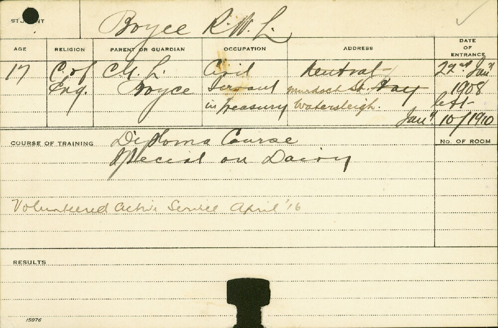 BOYCE, RWL (Hawkesbury Diploma of Agriculture (HDA) Special course - Dairy)