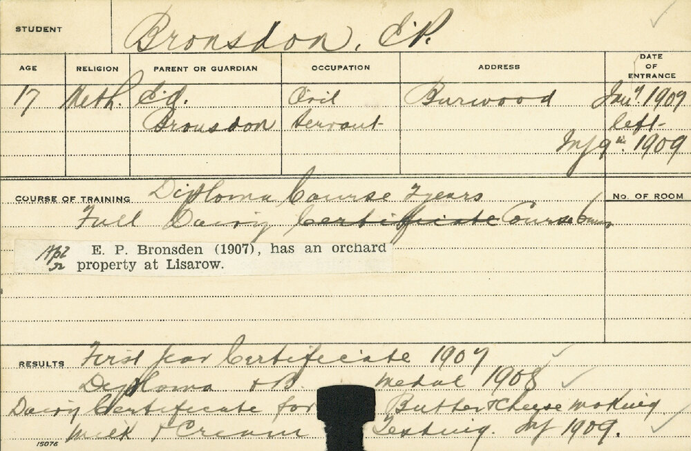 BRONSDEN, EP (Hawkesbury Diploma of Agriculture (HDA) (Burdekin Medal) and Certificate - Dairy)